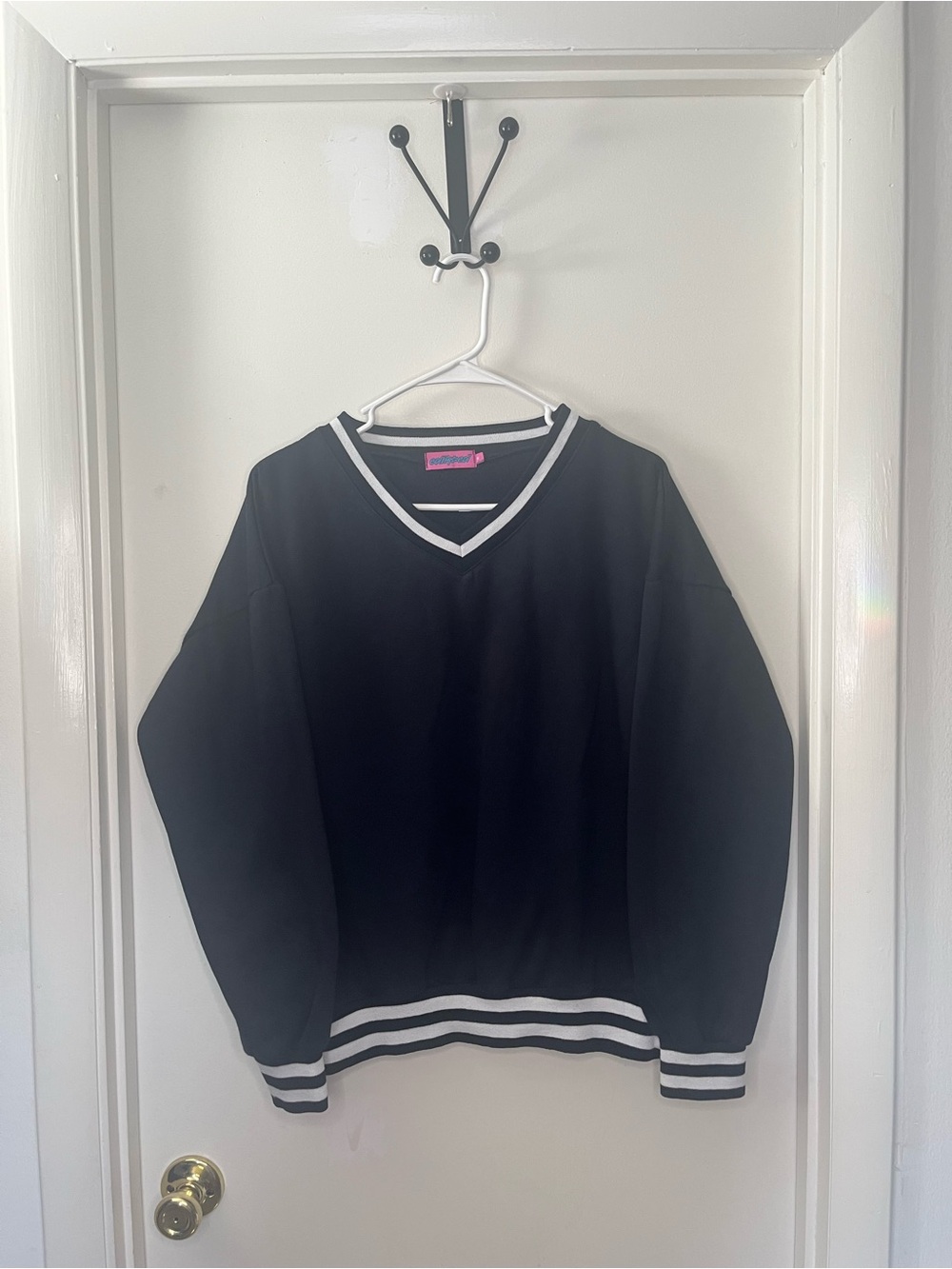 EDIKTED Navy V-Neck Pullover with White Stripe Trim - Picture 2 of 4